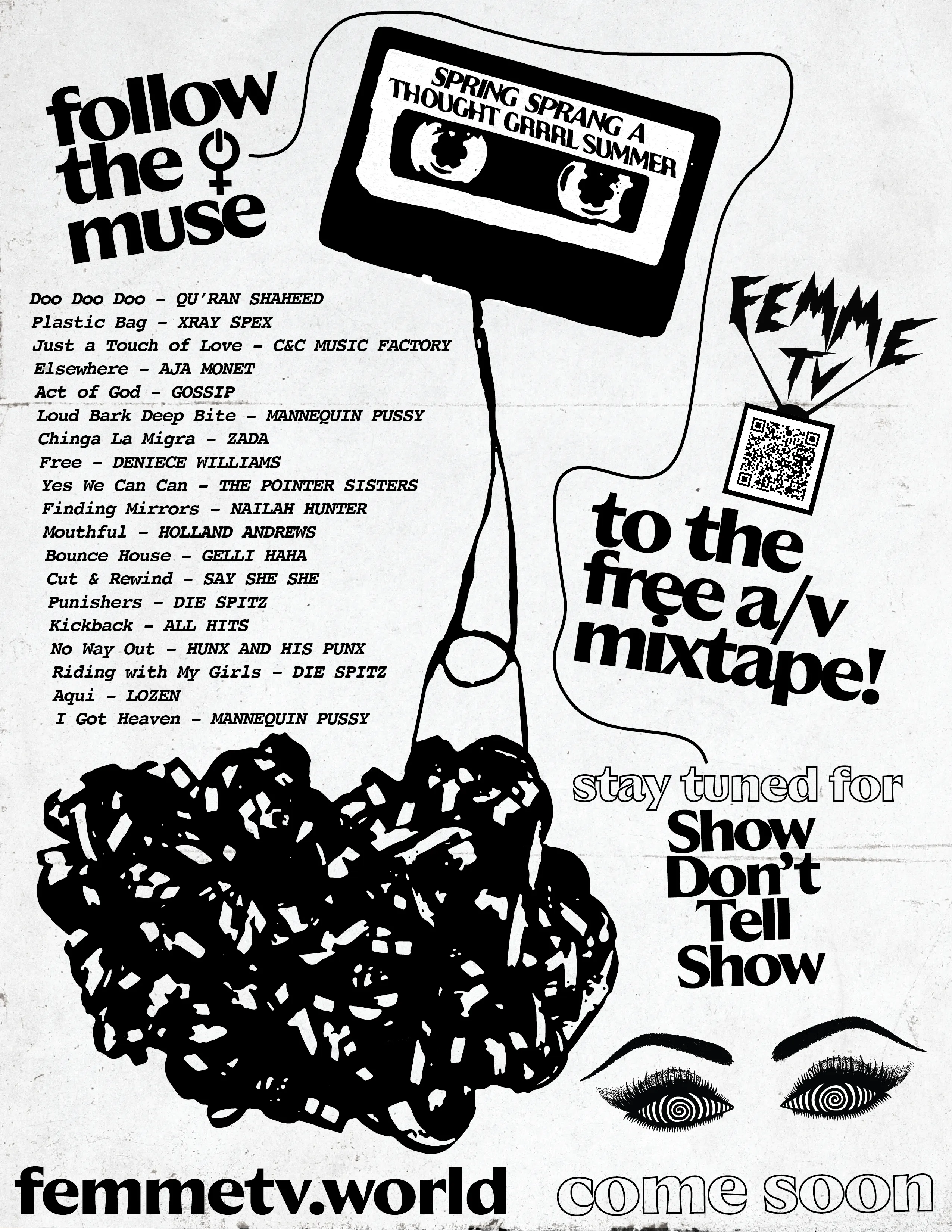 Collage containing images of cassette tapes and design assets promoting the FemmeTV youtube mixtape. Image contains a QR code link to the mixtape.